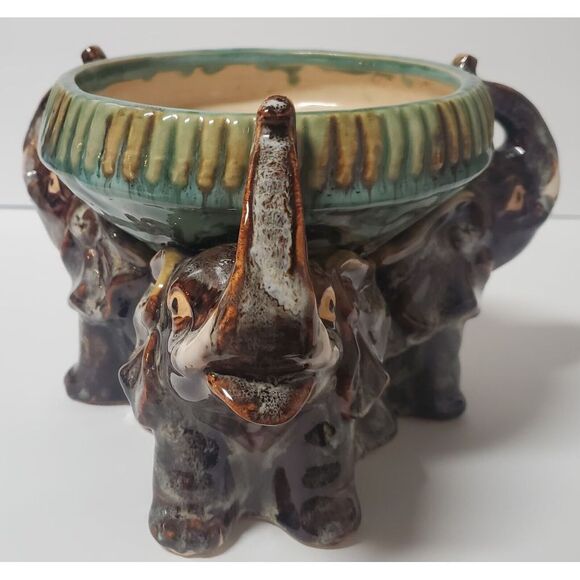 VTG Majolica Planter Chinese Elephant Trio Good Luck Symbol Rich Glaze MED Size - Picture 2 of 8